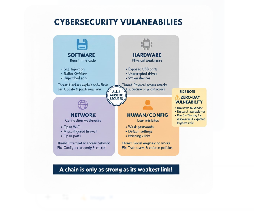 The Four Types of Security Vulnerabilities: Software vulnerabilities from unvalidated code bugs, Hardware vulnerabilities from physical weaknesses like USB ports, Network vulnerabilities from misconfigured firewalls, and Configuration vulnerabilities from factory-default settings left unchanged